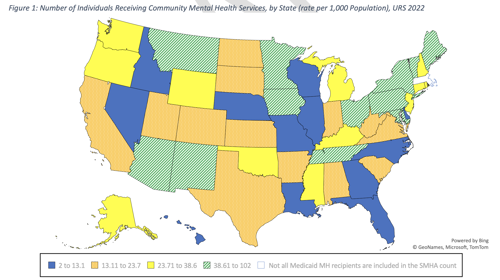 Number of Individuals Receiving Community Mental Health Services, by State (rate per 1,000 Population), URS 2022